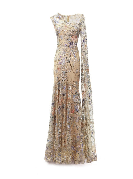 Gemy Maalouf Beaded Gown With Floor Length Sleeve
