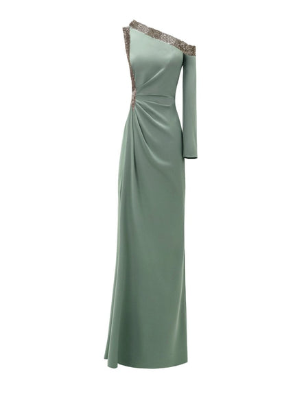 Gemy Maalouf Embellished Asymmetrical Neckline Gown No. 1979 Sage Green
