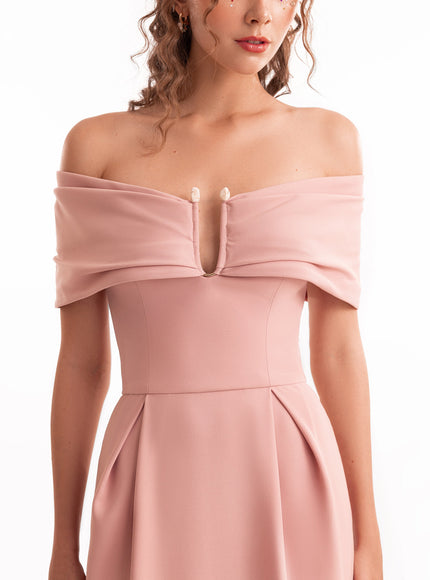 Gemy Maalouf Beaded Buckle Off-Shoulder Gown Pink