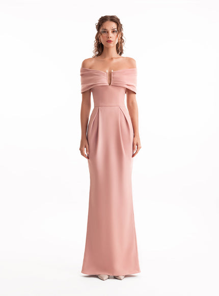 Gemy Maalouf Beaded Buckle Off-Shoulder Gown Pink