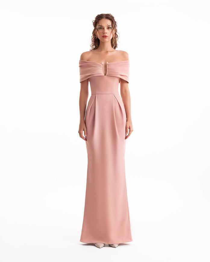 Gemy Maalouf Beaded Buckle Off-Shoulder Gown Pink