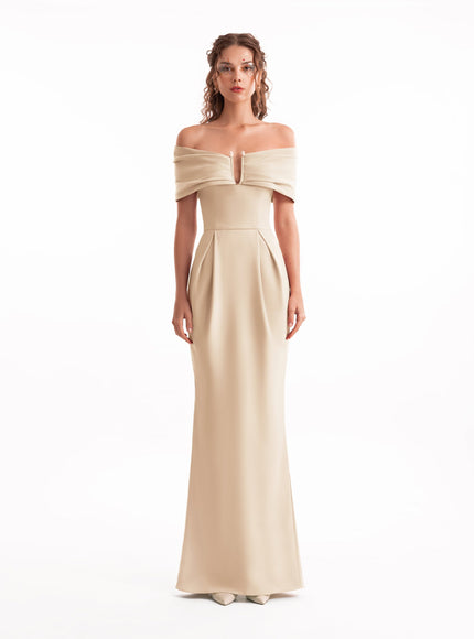 Gemy Maalouf Beaded Buckle Off-Shoulder Gown Champagne