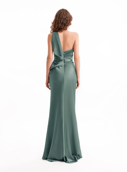 Gemy Maalouf One-Shoulder Satin Gown No. 2118 Green