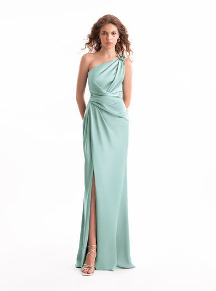 Gemy Maalouf One-Shoulder Satin Gown No. 2118 Aqua