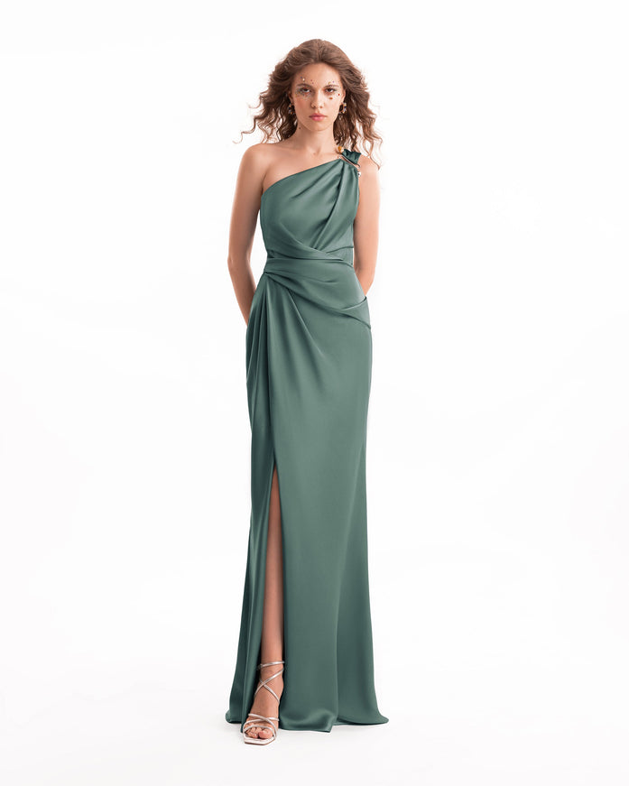 Gemy Maalouf One-Shoulder Satin Gown No. 2118 Green