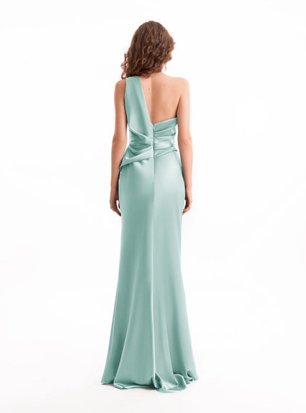 Gemy Maalouf One-Shoulder Satin Gown No. 2118 Aqua