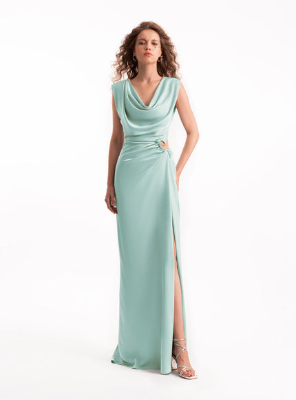 Gemy Maalouf Cowl-Neck Draped Gown No. 2120 Blue