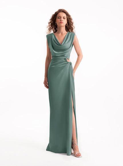 Gemy Maalouf Cowl-Neck Draped Gown No. 2120 Sage