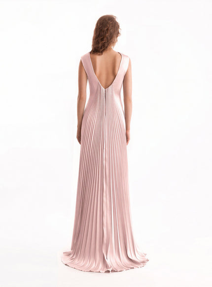 Gemy Maalouf Draped Long Gown With V-Bodice Pale Pink