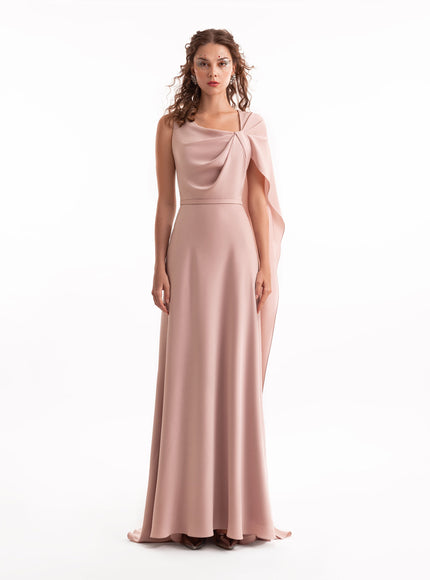 Gemy Maalouf Asymmetrical Satin Cape Gown Pink