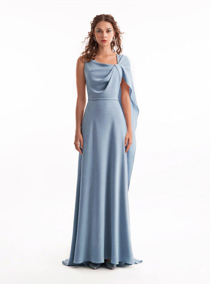 Gemy Maalouf Asymmetrical Satin Cape Gown Blue
