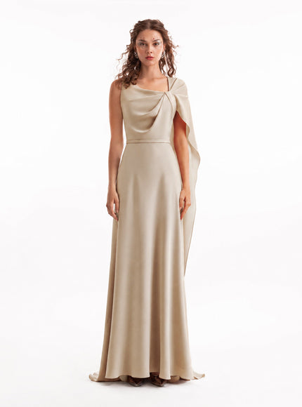 Gemy Maalouf Asymmetrical Satin Cape Gown Sand