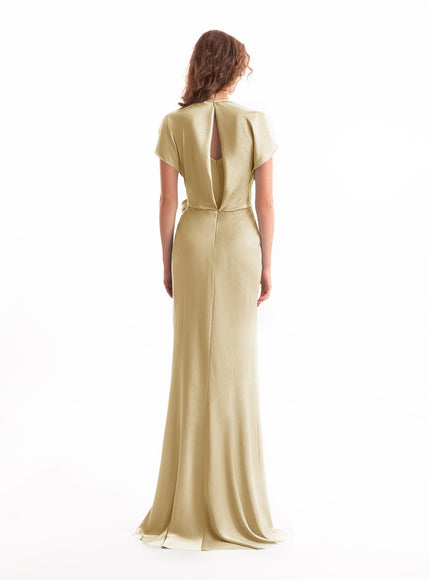 Gemy Maalouf Draped V-Neck Gown With Flower Detail Champagne