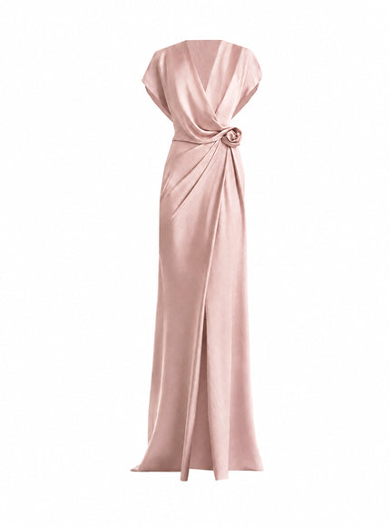 Gemy Maalouf Draped V-Neck Gown With Flower Detail Vintage Pink