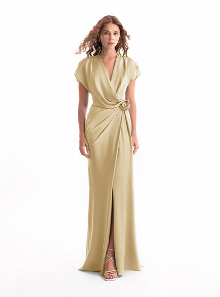 Gemy Maalouf Draped V-Neck Gown With Flower Detail Champagne