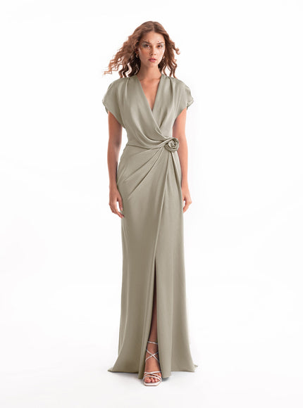 Gemy Maalouf Draped V-Neck Gown With Flower Detail Kaki