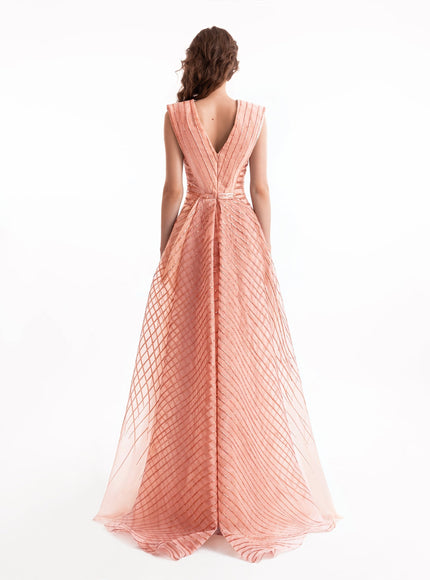 Gemy Maalouf V-Neck Devoré Striped Organza Gown