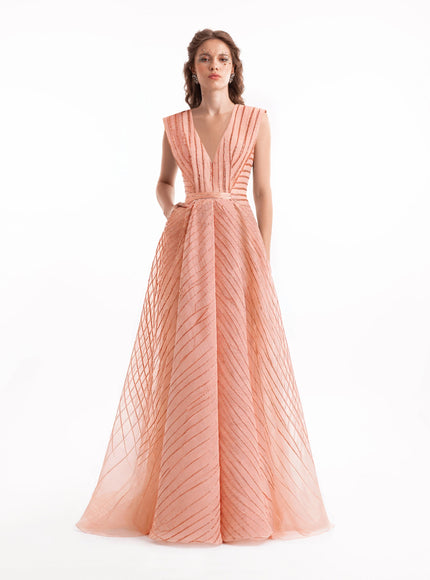 Gemy Maalouf V-Neck Devoré Striped Organza Gown Copper
