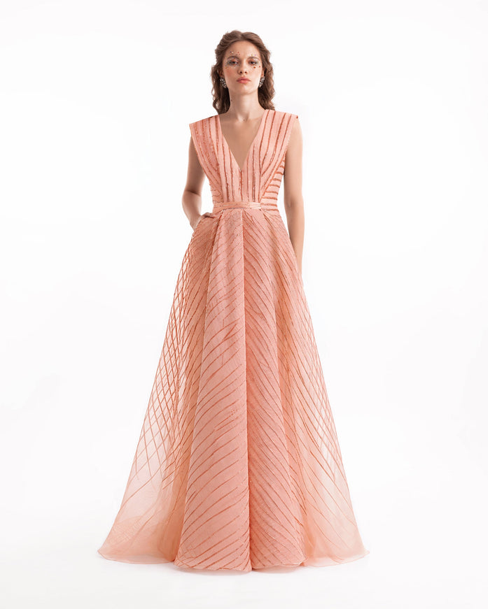 Gemy Maalouf V-Neck Devoré Striped Organza Gown Copper