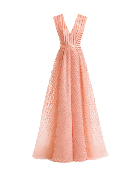 Gemy Maalouf V-Neck Devoré Striped Organza Gown