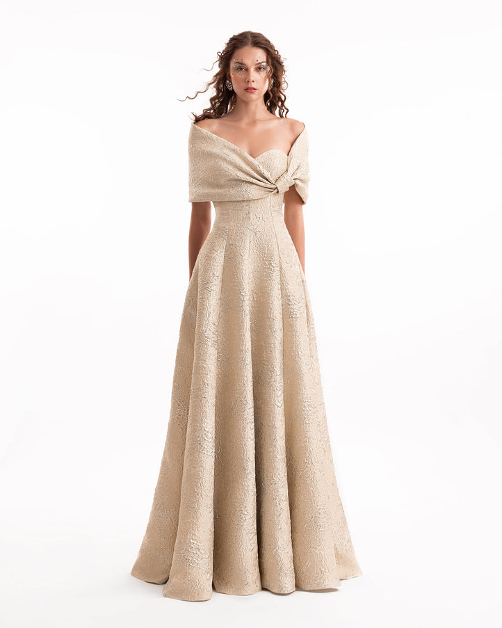 Gemy Maalouf Sweetheart Off-Shoulder Jacquard Gown Beige