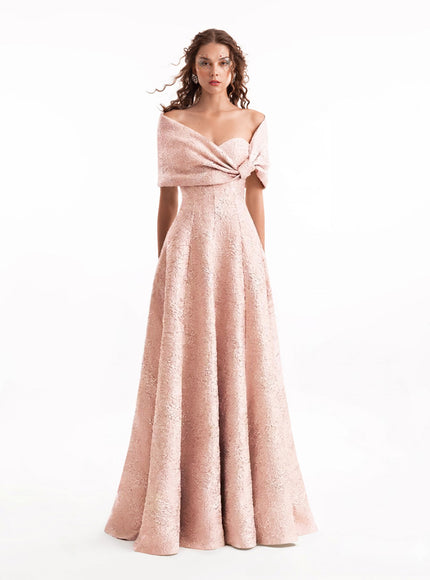 Gemy Maalouf Sweetheart Off-Shoulder Jacquard Gown - Pink - front