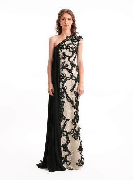 Gemy Maalouf One-Shoulder 3D Embroidered Gown - front