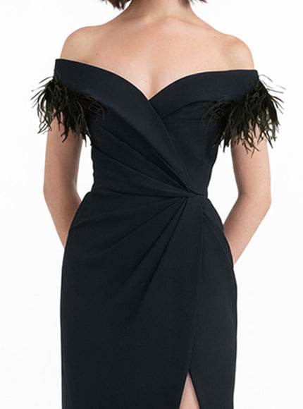 Gemy Maalouf Slim Cut Gown With Feathers Black
