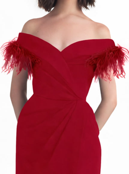 Gemy Maalouf Slim Cut Gown With Feathers Red