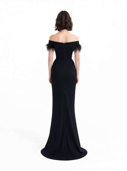 Gemy Maalouf Slim Cut Gown With Feathers Black