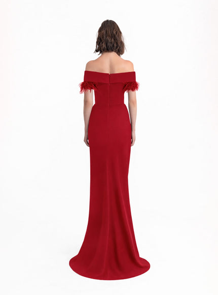 Gemy Maalouf Slim Cut Gown With Feathers Red