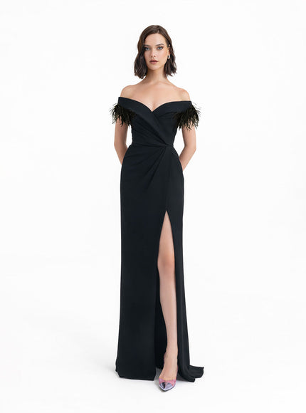 Gemy Maalouf Slim Cut Gown With Feathers Black