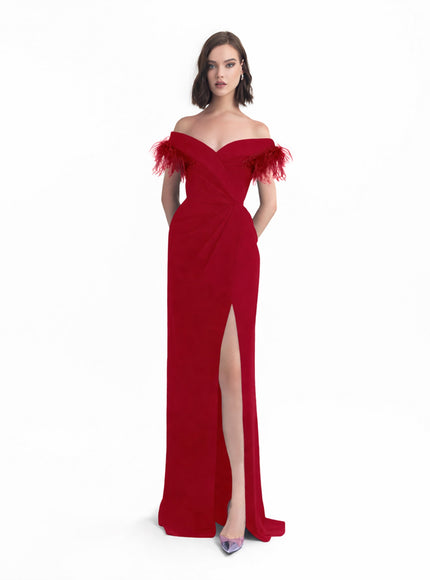 Gemy Maalouf Slim Cut Gown With Feathers Red