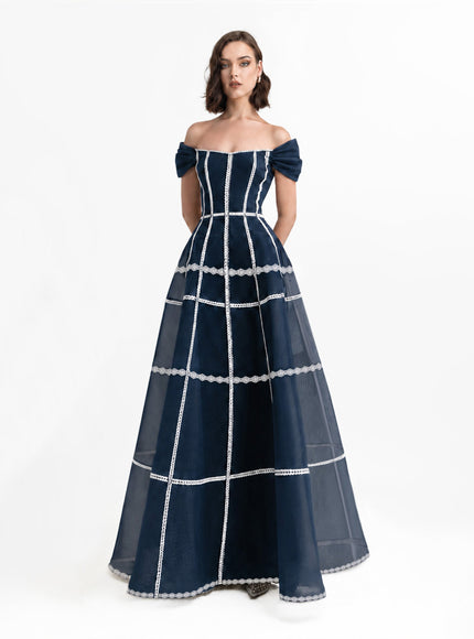 Gemy Maalouf Mesh Long Gown Navy Blue