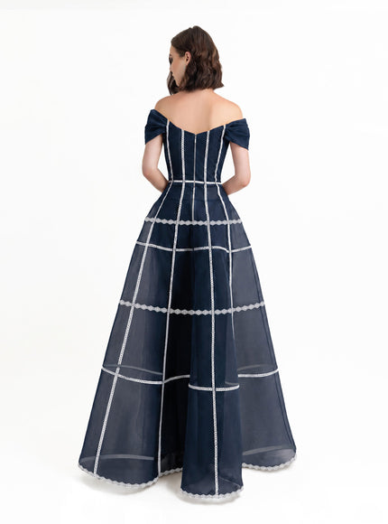 Gemy Maalouf Mesh Long Gown Navy Blue