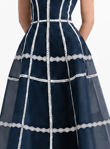 Gemy Maalouf Mesh Long Gown Navy Blue