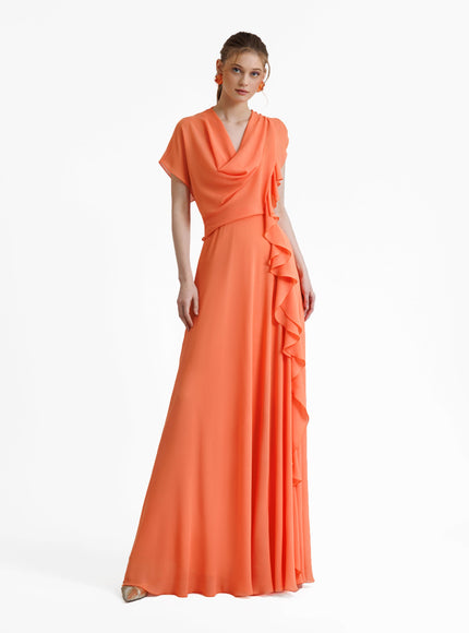 Gemy Maalouf Draped Orange Chiffon Gown