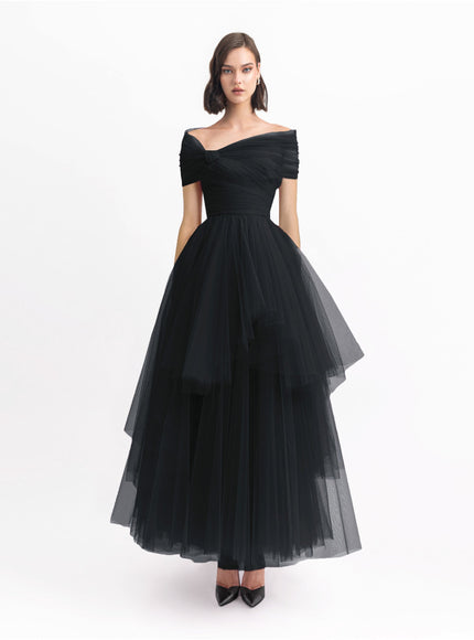 Gemy Maalouf Asymmetrical Tulle Gown Black