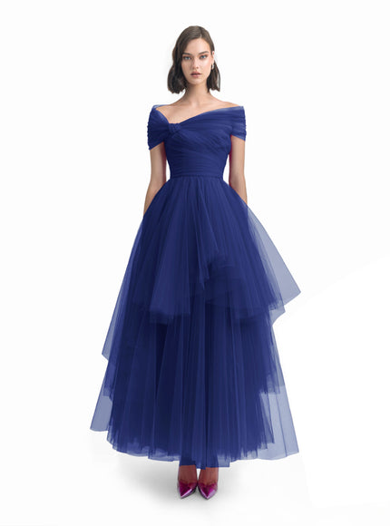 Gemy Maalouf Asymmetrical Tulle Gown Navy Blue