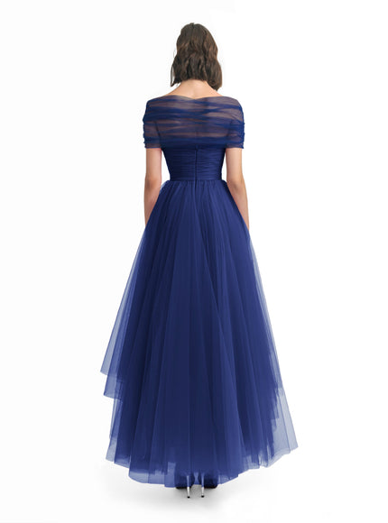 Gemy Maalouf Asymmetrical Tulle Gown Navy Blue