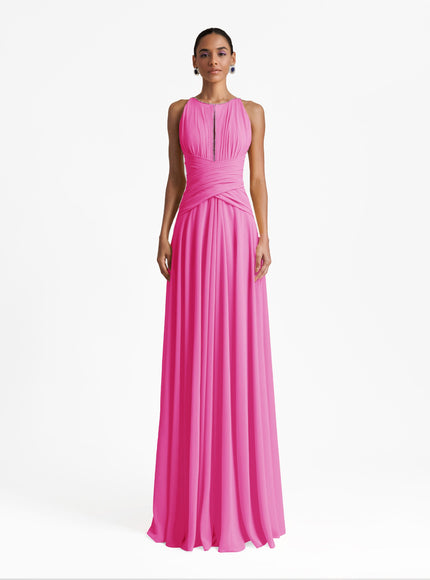 Gemy Maalouf Long Candy Pink Gown With Drapings On The Waist