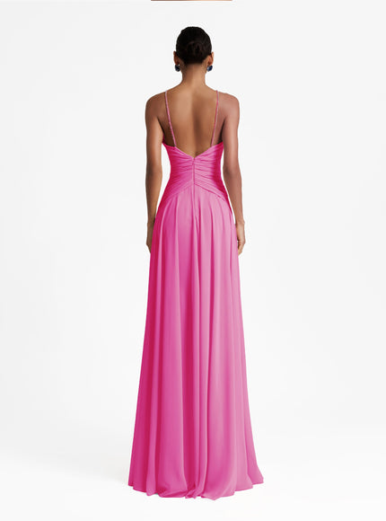 Gemy Maalouf Long Candy Pink Gown With Drapings On The Waist