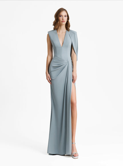 Gemy Maalouf Long Gown With Bolero-Like Sleeve Light Blue