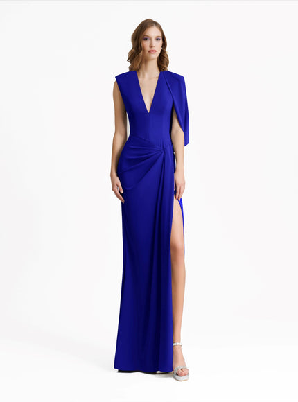 Gemy Maalouf Long Gown With Bolero-Like Sleeve Blue