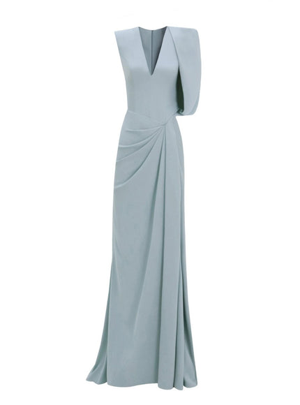 Gemy Maalouf Long Gown With Bolero-Like Sleeve Light Blue