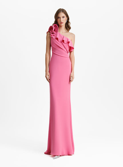 Gemy Maalouf One-Shoulder Ruffled Neckline Candy Pink Gown