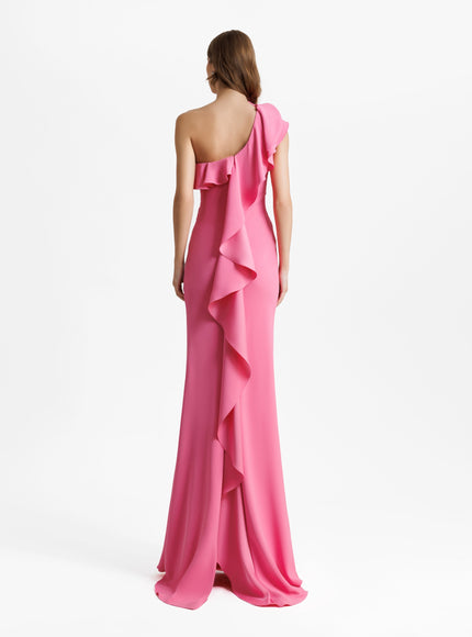 Gemy Maalouf One-Shoulder Ruffled Neckline Candy Pink Gown