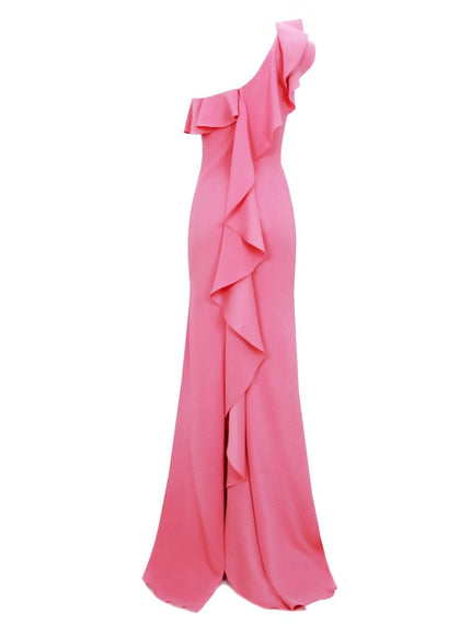 Gemy Maalouf One-Shoulder Ruffled Neckline Candy Pink Gown