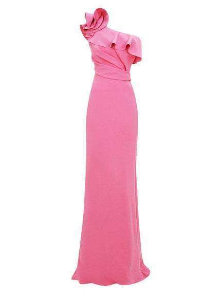 Gemy Maalouf One-Shoulder Ruffled Neckline Candy Pink Gown