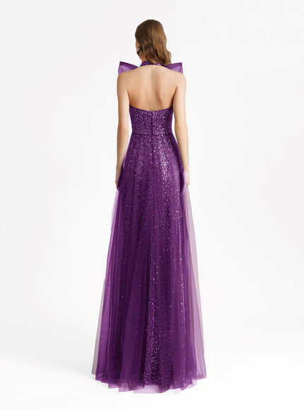 Gemy Maalouf Bow Halter-Neckline Gown Purple